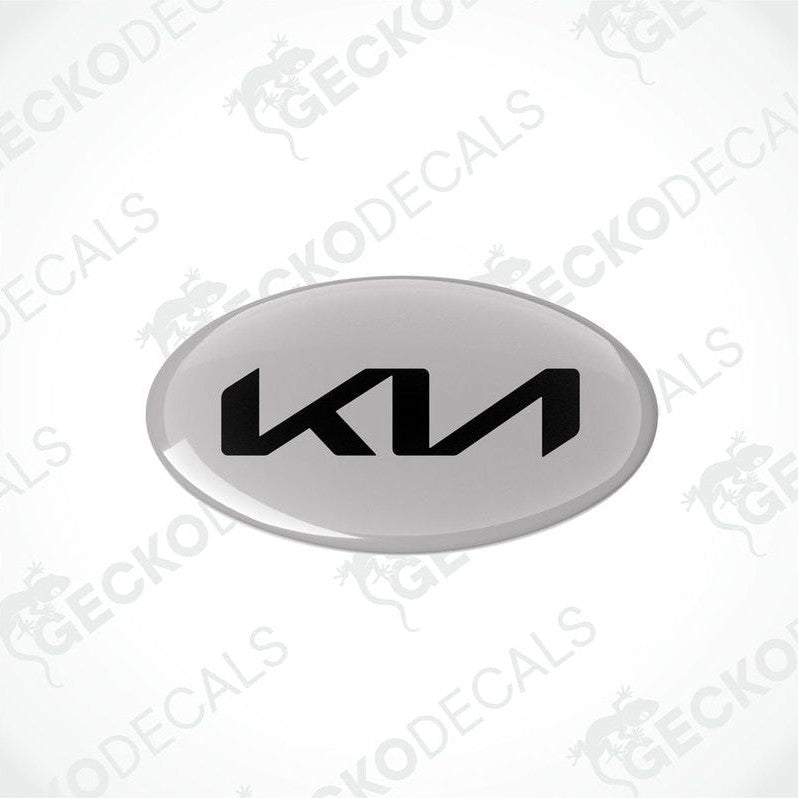 Oval vinyl stickers with a black 'KIA' logo in the center, placed against a white background with the text 'geckodecals'.