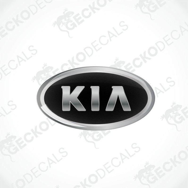  Domed vinyl stickers with a KIA logo, one black and one silver, both with a polyurethane coating.