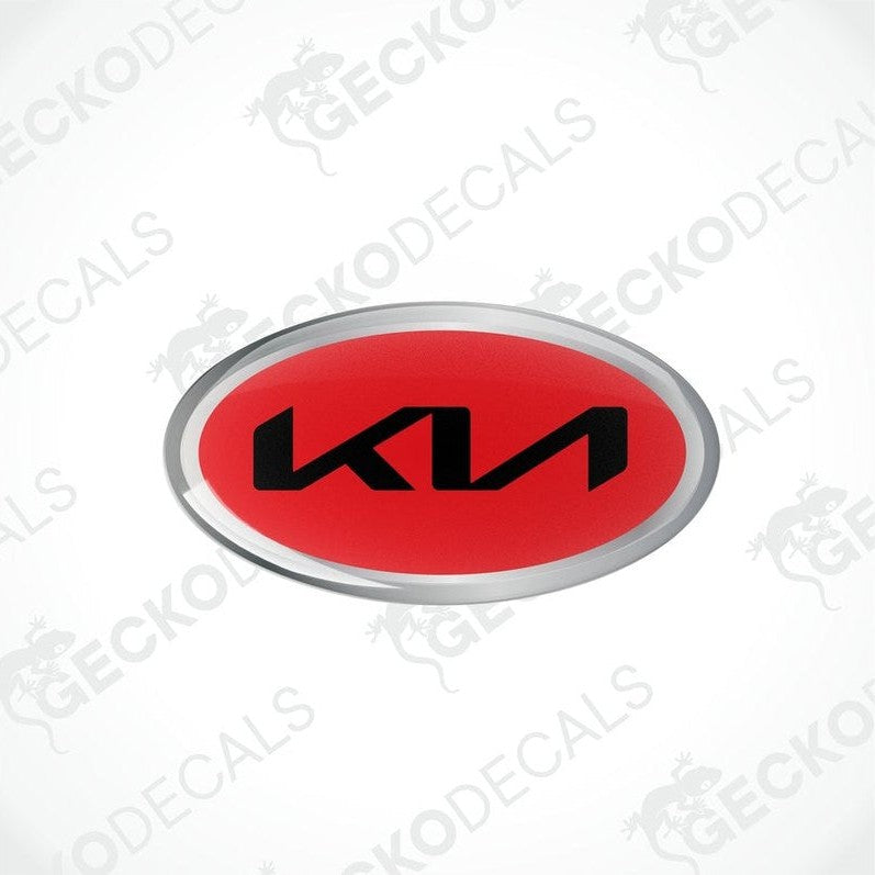 Oval-shaped vinyl decals with 'KIA' written in bold letters, predominantly red with black and silver accents.