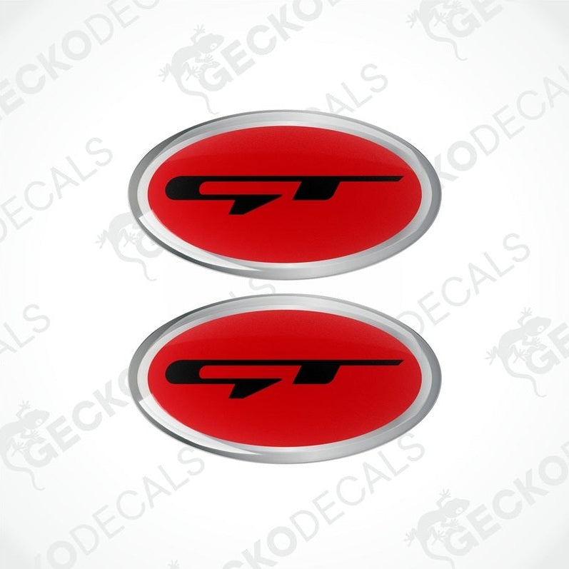 Two red,black, and silver car decals with the GT logo.