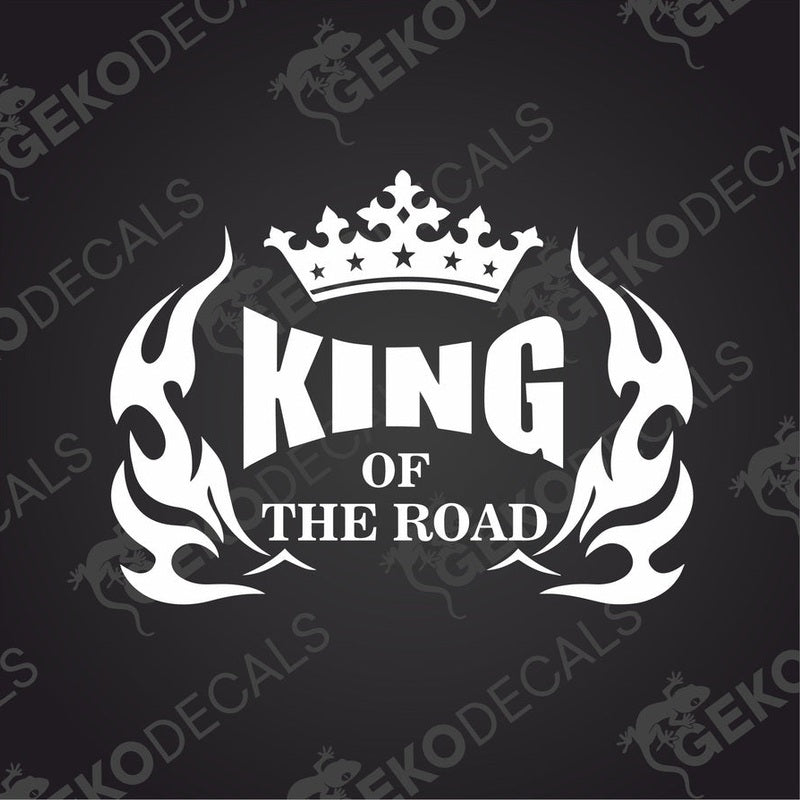 A black and white decal with the text 'KING of the ROAD' surrounded by flame designs and a crown above the text.
