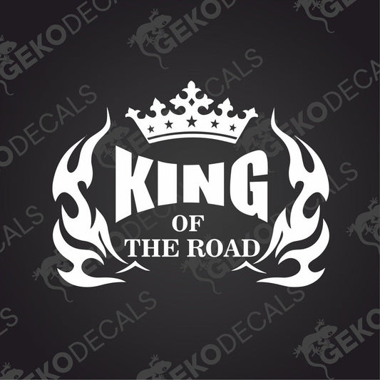 A black and white decal with the text 'KING of the ROAD' surrounded by flame designs and a crown above the text.
