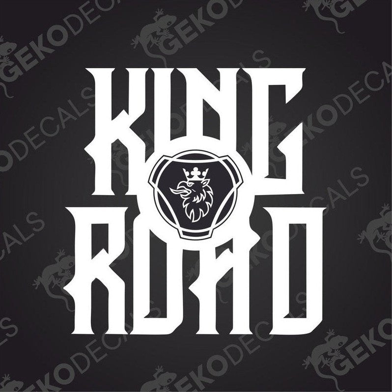 A die cut sticker with the text 'KING OF THE ROAD' and a Scania truck emblem.