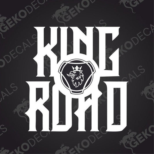 A die cut sticker with the text 'KING OF THE ROAD' and a Scania truck emblem.