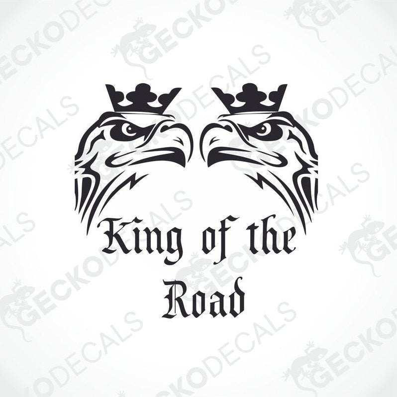 A black and white decal of an eagle with a human-like face and the text 'KING OF THE ROAD' below it.