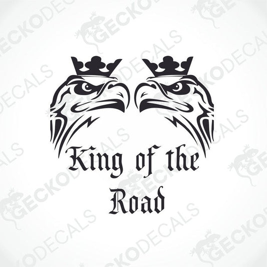 A black and white decal of an eagle with a human-like face and the text 'KING OF THE ROAD' below it.