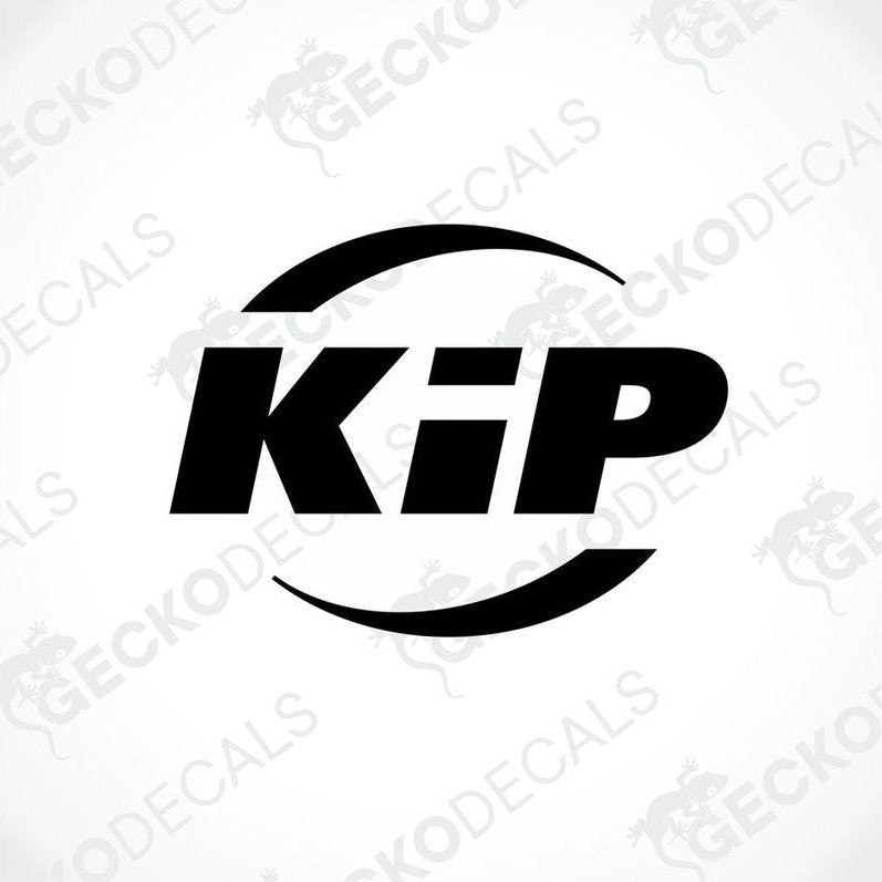 A black die cut sticker with the logo 'KiP' designed for use on vehicles or other surfaces.