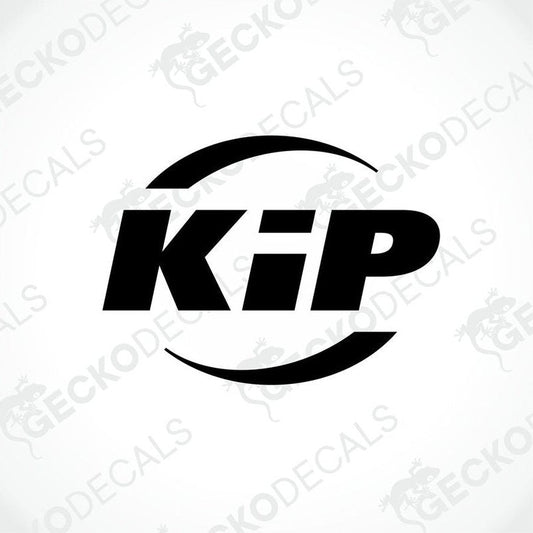 A black die cut sticker with the logo 'KiP' designed for use on vehicles or other surfaces.