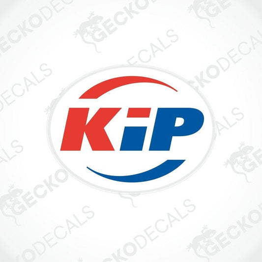 KIP red and blue oval car decal with laminated vinyl finish for interior or exterior use