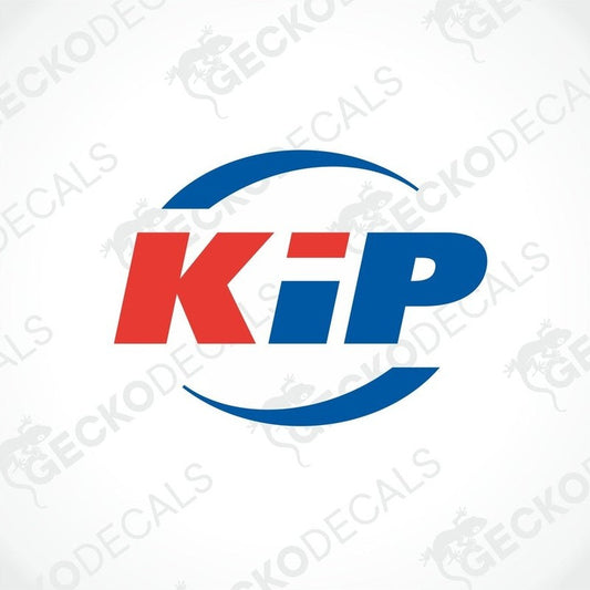 A die cut sticker with the logo 'KiP' on a white background, intended for use on vehicles or other surfaces.