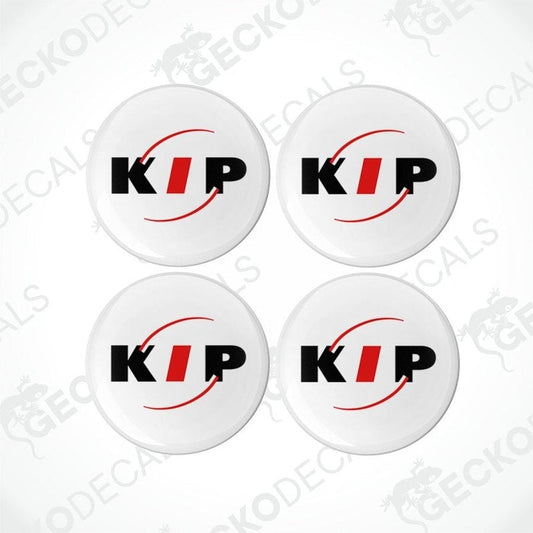 Four white vehicle decals with the KIP logo in black and red, arranged on a white background.