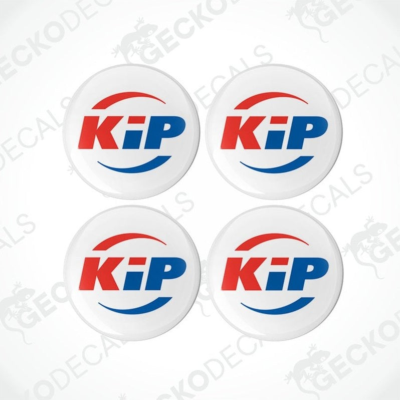 KIP Caravans epoxy resin decals set with domed finish and red blue K:iP logo