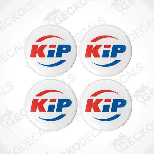 KIP Caravans epoxy resin decals set with domed finish and red blue K:iP logo