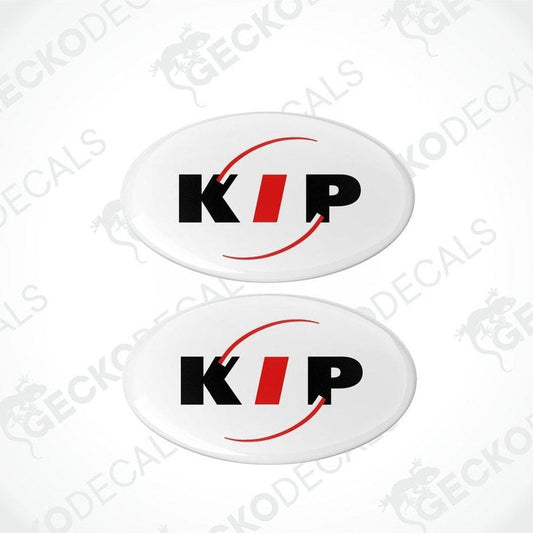 Two white domed stickers with the black and red text 'KIP' and a graphical representation of a signal or waveform.
