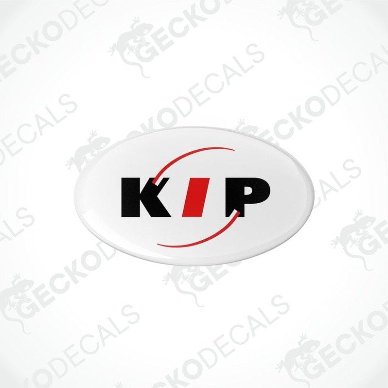 Two white domed stickers with the black and red text 'KIP' and a graphical representation of a signal or waveform.