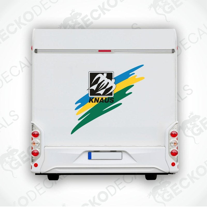 A white caravan decal featuring a colorful graphic of a mountain and the KNAUS brand logo.