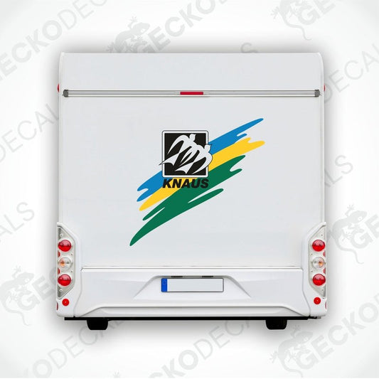A white caravan decal featuring a colorful graphic of a mountain and the KNAUS brand logo.