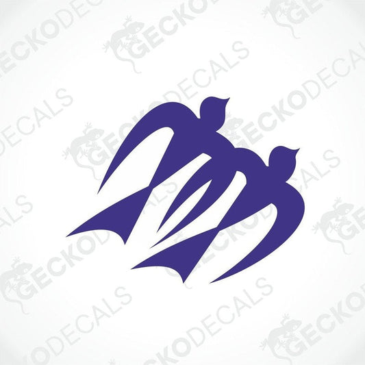 A set of two purple die cut decals with a geometric design, depicting what appears to be stylized butterflies or birds.
