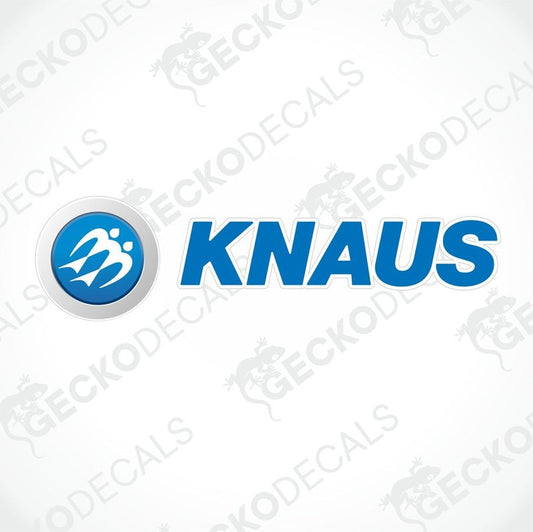 A laminated die cut decal with the brand name KNAUS printed on it, primarily blue and white in color.