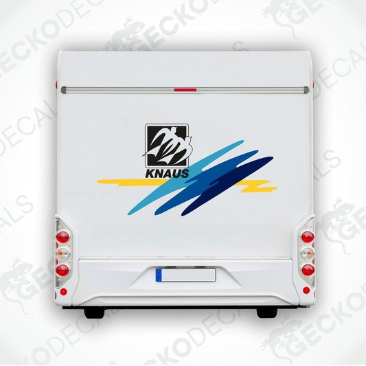 KNAUS branded exterior decal applied to rear of white caravan