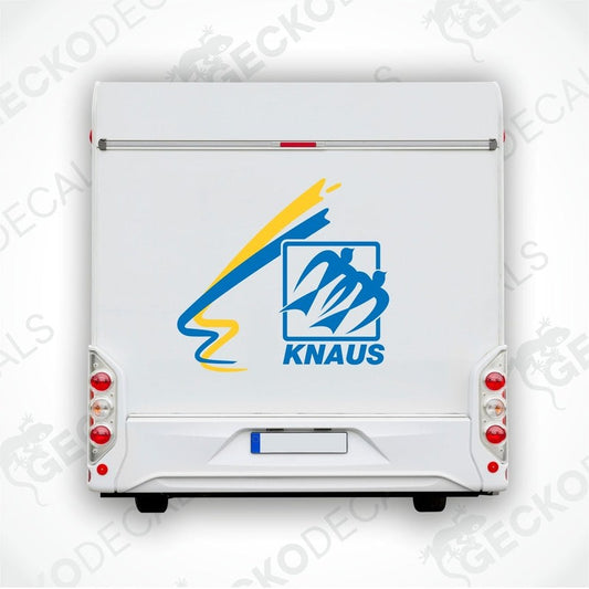 A white vehicle decal featuring the KNAUS logo, a blue and yellow graphic, and the Gecko logo.