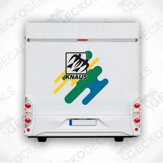 A white vehicle decal featuring the KNAUS logo with green, yellow, and blue geometric shapes.