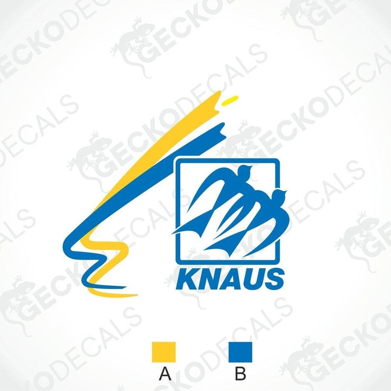 KNAUS caravan decal with blue bird logo and yellow swoosh on white background