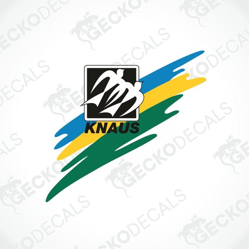 A white caravan decal featuring a colorful graphic of a mountain and the KNAUS brand logo.