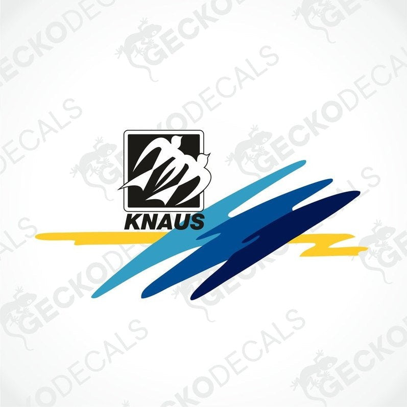 KNAUS caravan decal with black logo and blue yellow streaks on white background