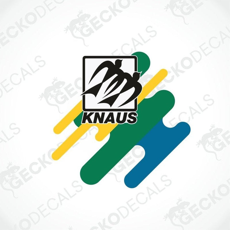 A white vehicle decal featuring the KNAUS logo with green, yellow, and blue geometric shapes.