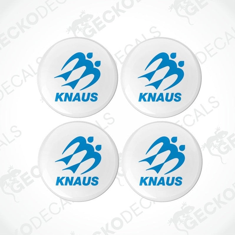 A set of four white round decals with the blue 'KNAUS' logo in the center.