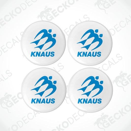 A set of four white round decals with the blue 'KNAUS' logo in the center.