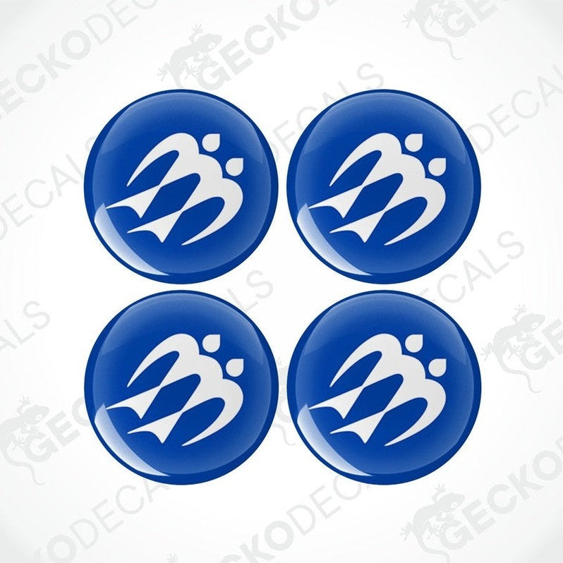 Four blue vinyl stickers with a geometric pattern and a brand logo depicted in white.