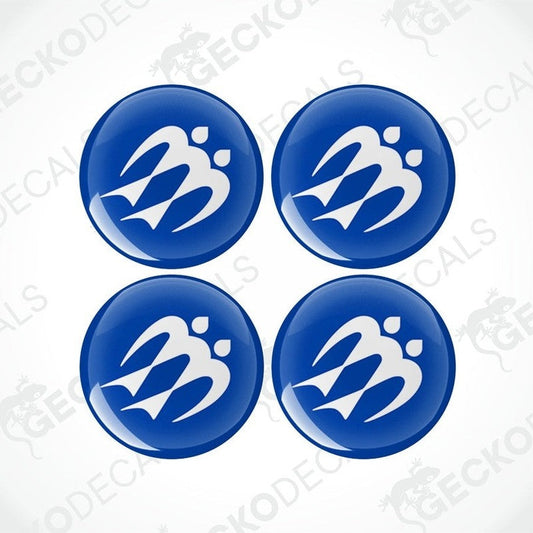 Four blue vinyl stickers with a geometric pattern and a brand logo depicted in white.