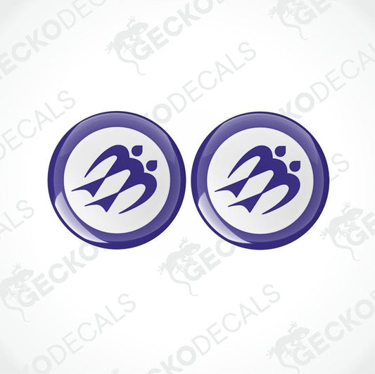 Two blue vinyl decals with a white logo on them, placed on a white background with 'GeckoDecals' text.