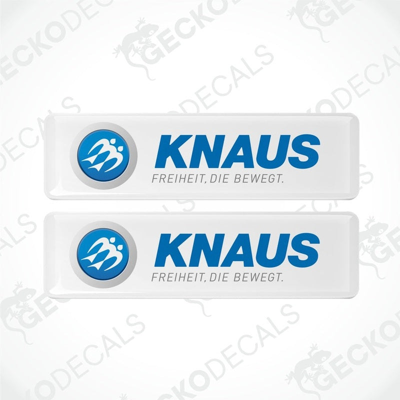 Set of two white KNAUS FREIHEIT epoxy resin decals with glossy domed coating
