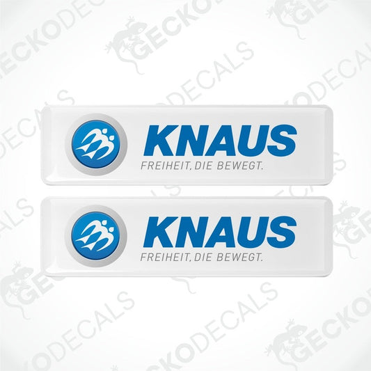 Set of two white KNAUS FREIHEIT epoxy resin decals with glossy domed coating