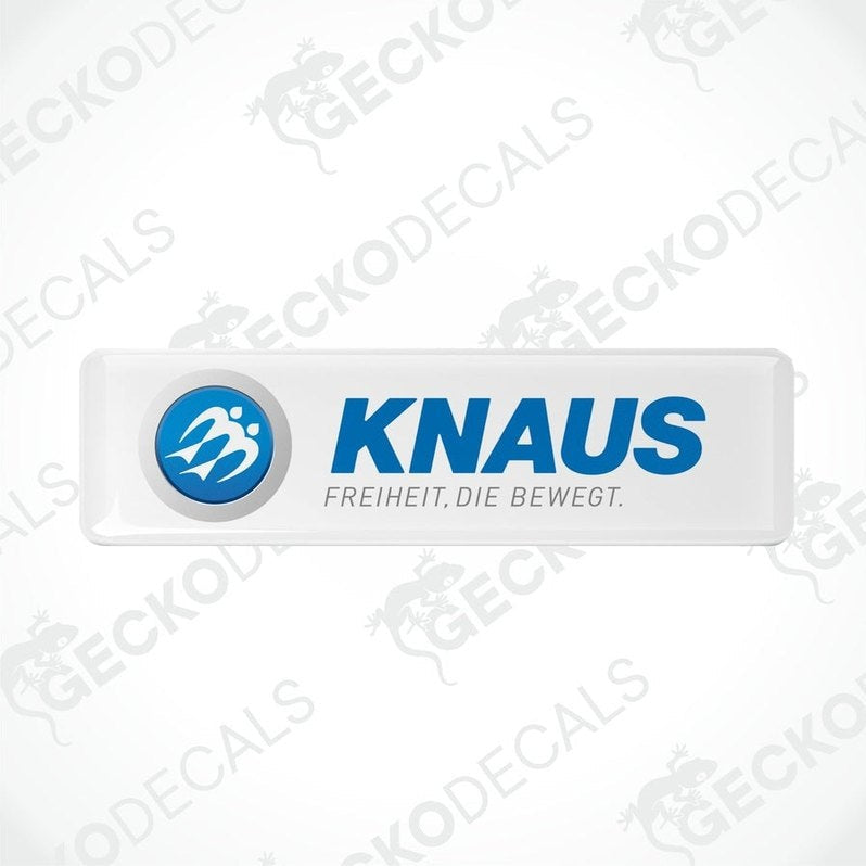 White KNAUS FREIHEIT epoxy decal with blue logo and domed polyurethane finish