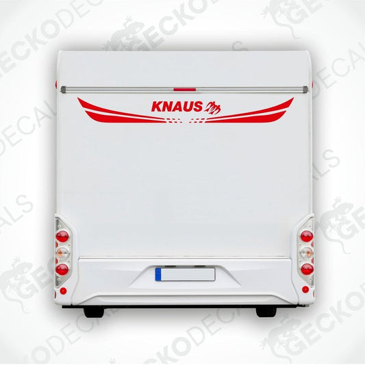 A white KNAUS decal for a caravan, featuring red and black text and decorative elements.