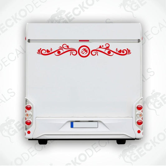 Rear decal for a white KNAUS caravan with red decorative elements and the KNAUS logo.
