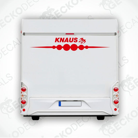 The image shows a white caravan with the KNAUS brand decal applied to the rear side.