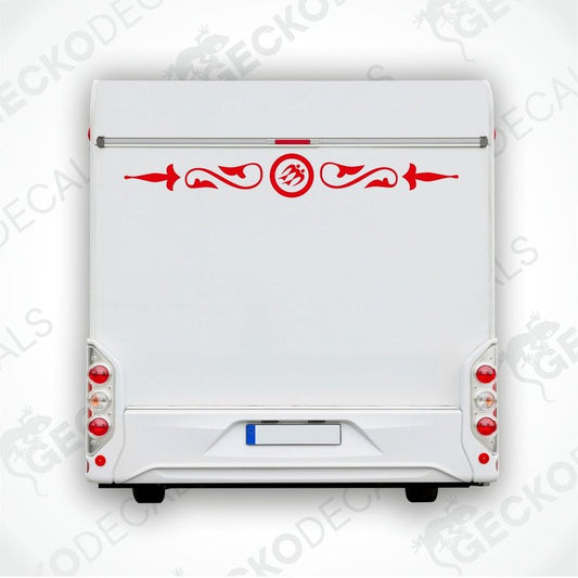 Rear decal for a white KNAUS caravan with red and black decorative elements and a logo.