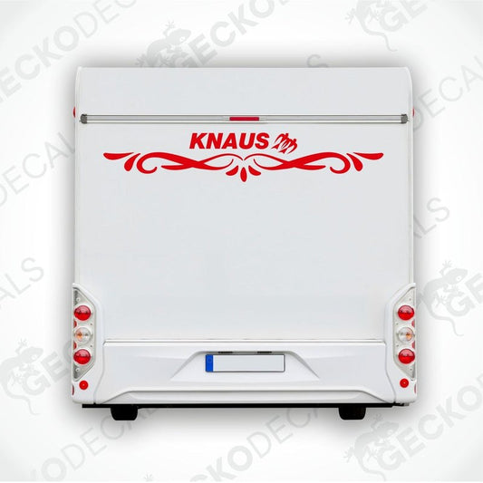 A white KNAUS decal for a caravan, featuring red and black text and decorative elements.