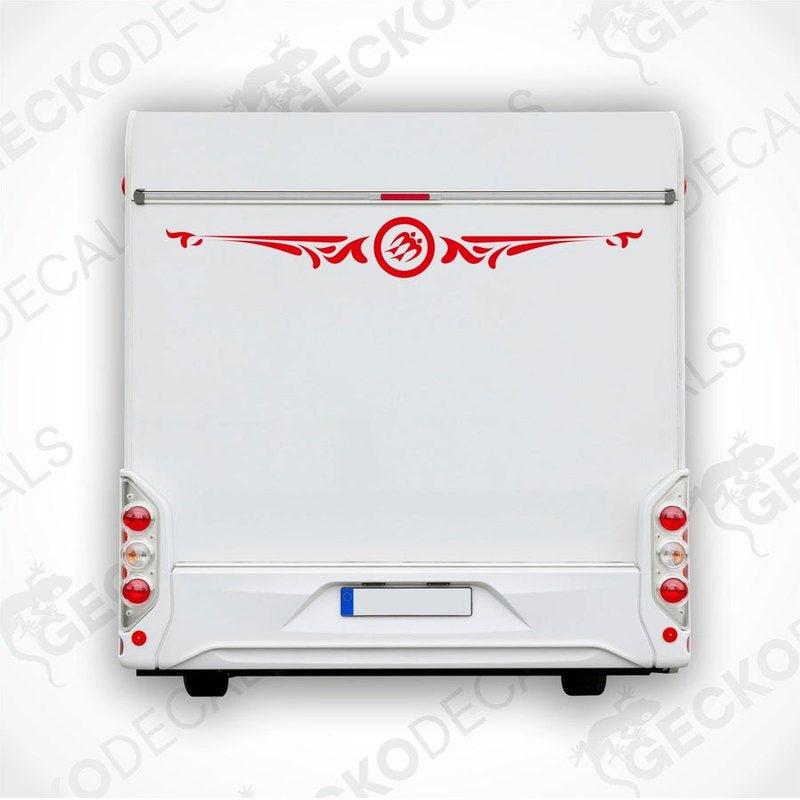 Rear decal for a KNAUS vehicle, featuring a white background with red and black decorative elements and text.