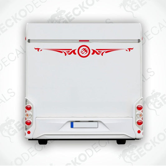 Rear decal for a KNAUS vehicle, featuring a white background with red and black decorative elements and text.