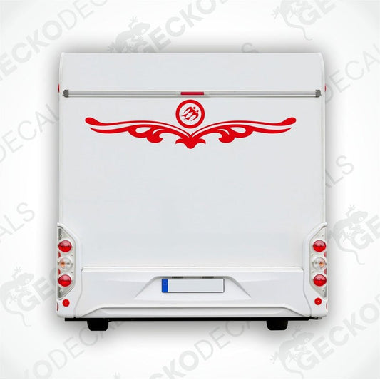 Rear decal for a white KNAUS caravan with red decorative elements and the KNAUS logo.