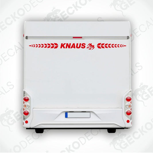 The image shows a white caravan with the KNAUS brand decal applied to the rear side.