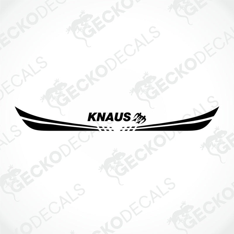 A white KNAUS decal for a caravan, featuring red and black text and decorative elements.