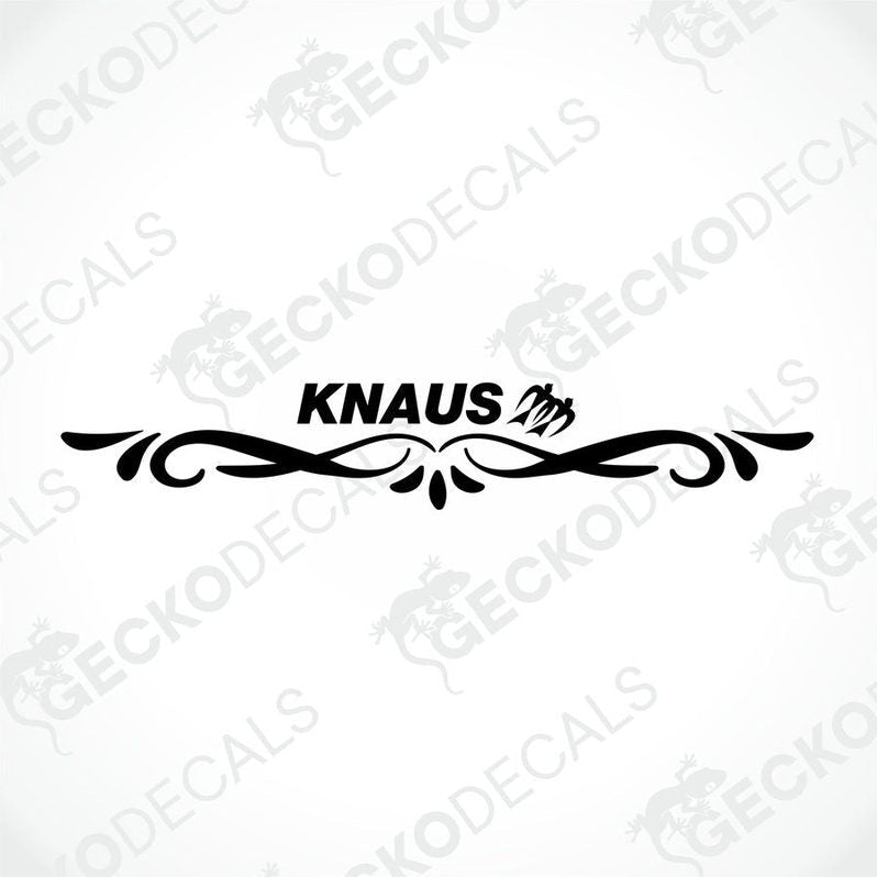 A white KNAUS decal for a caravan, featuring red and black text and decorative elements.