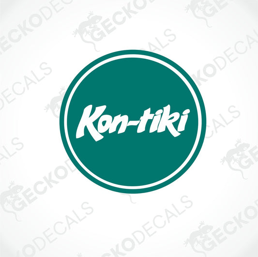 A circular die cut sticker with the text 'Kon-tiki' in white on a green background, delivered on transfer paper.